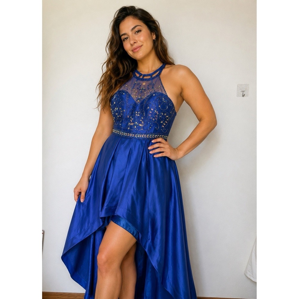 Bee Darlin High-Low Embellished Formal Gown Party Dress 11/12 Blue Satin HOMO